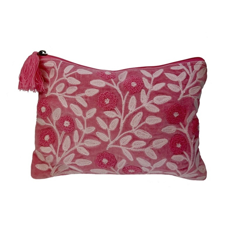 Etui fluweel roze met geborduurde bloemen 26x19cm