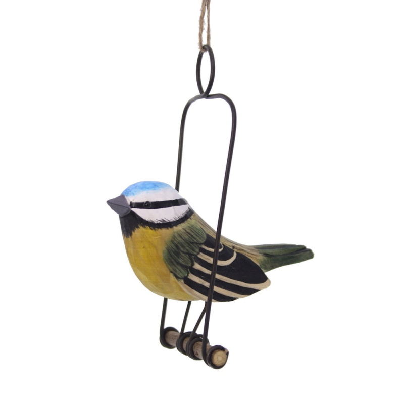 Ornament Koolmees op schommel, hout 7,5x8x15,5cm