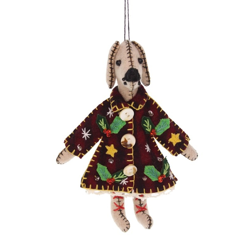 Hond bruin met rode jas, vilt 11x5x14cm