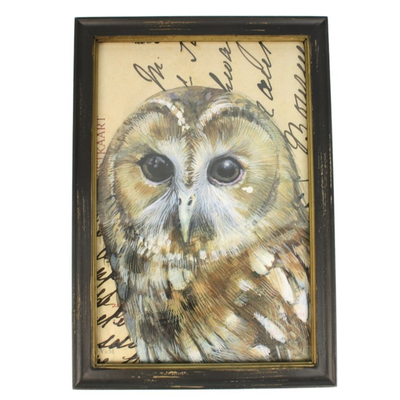 Lijstje hout zwart Uil bruin, 34x23,5cm