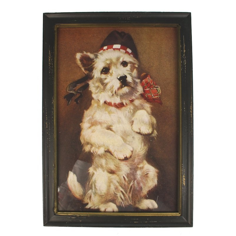 Lijstje hout Hond met muts, 33x23cm