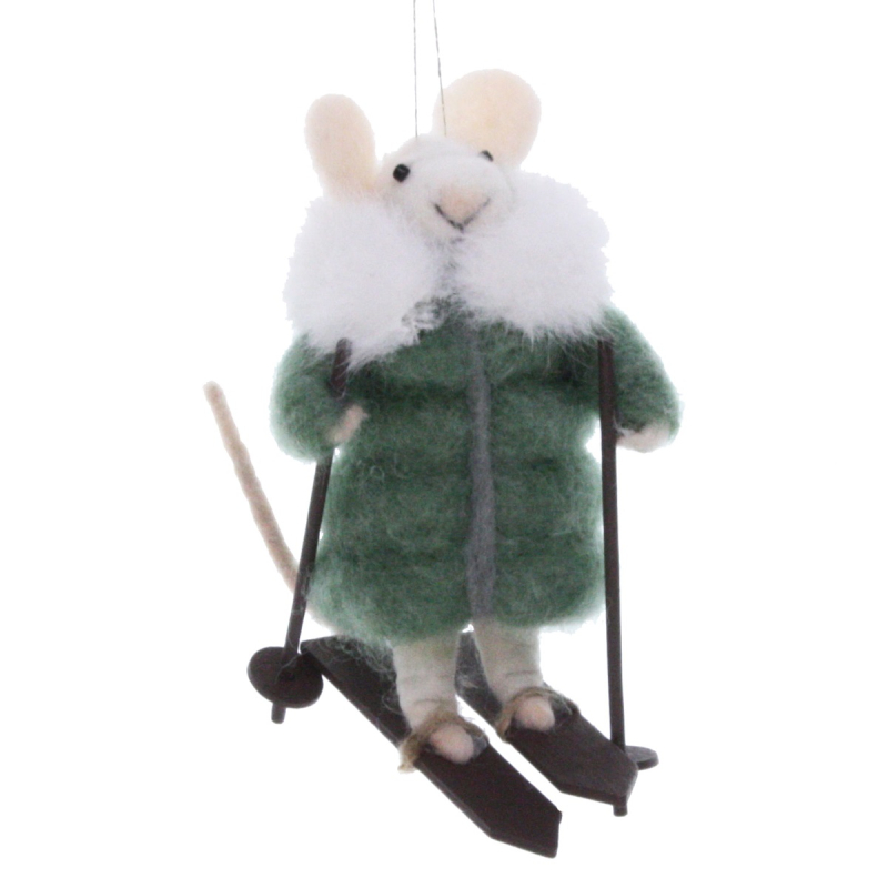 Muis op ski's met groene jas 10x8x12cm