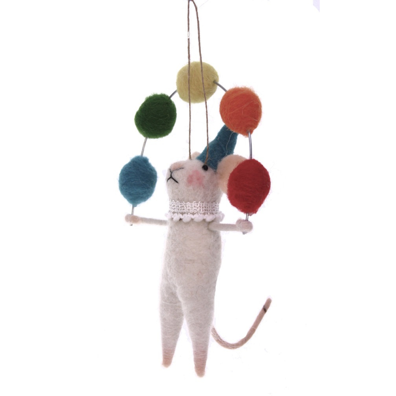 Muis jongleur blauwe hoed hangend vilt 10x7x16cm
