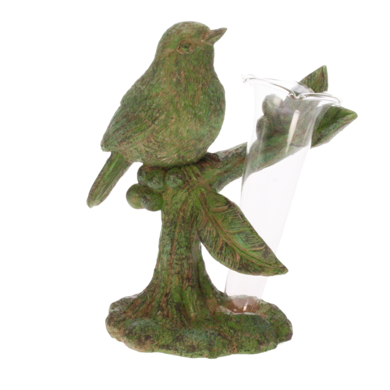 Vaasje Roodborstje op tak, groen 14x7x15cm