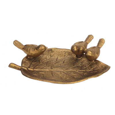 Schaaltje blad/3 vogeltjes goudkleurig 14x9x3,5cm
