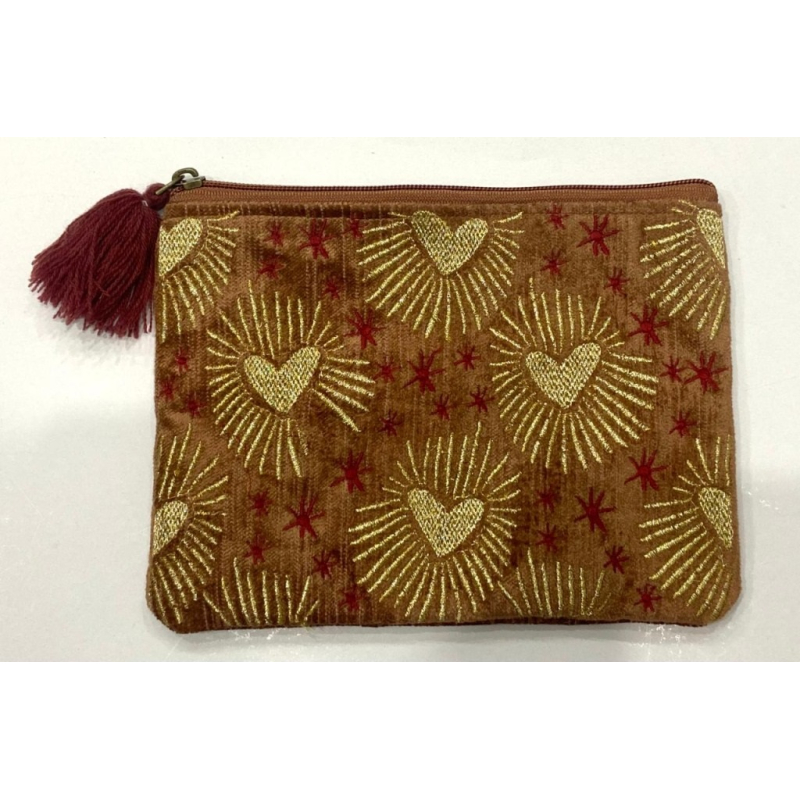 Etui fluweel Hartjes en sterretjes paars/goudkleur 21x16cm