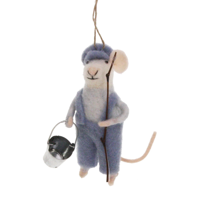 Muis met hengel en emmer vilt 6x7,5x12,5cm