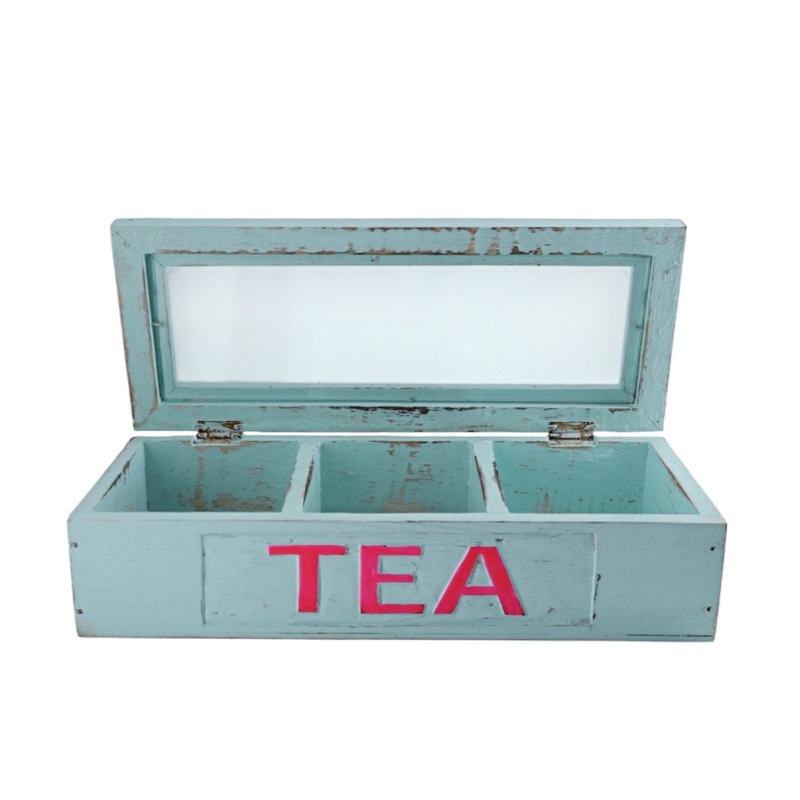 Houten Theedoos wit TEA turq drievaks