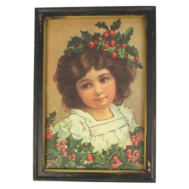 Lijstje hout Meisje met hulst, 33x23cm