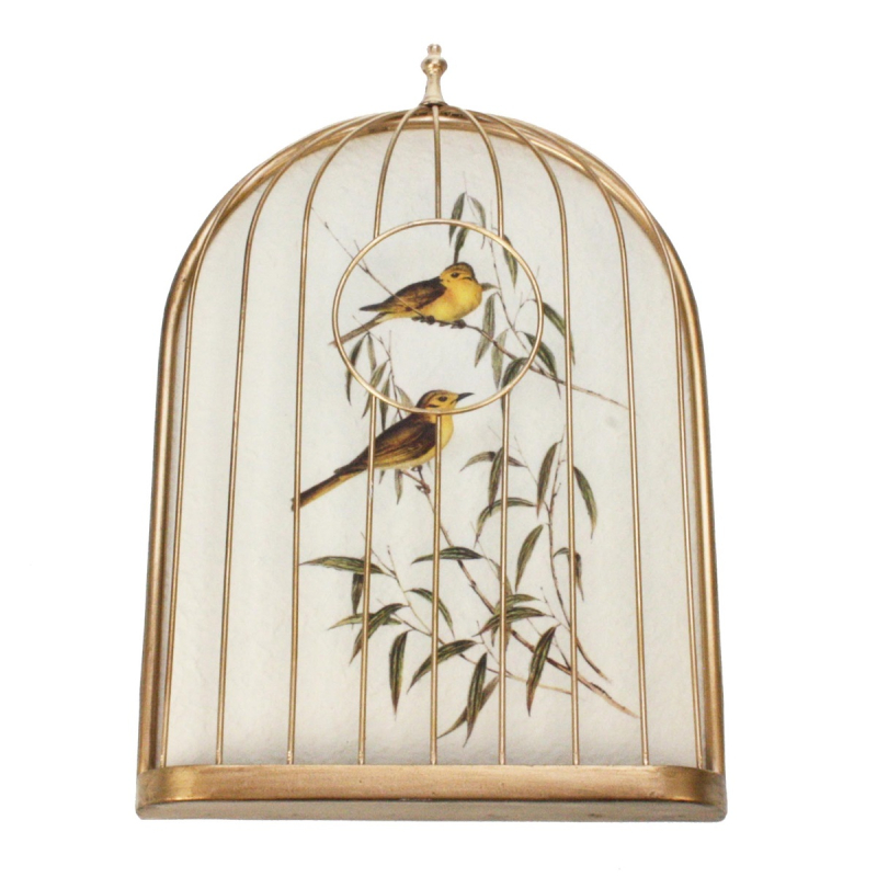 Wanddecoratie vogelkooi met gele kwikstaart, 26x5x39 cm