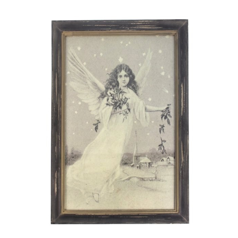 Lijstje hout Engel met hulst, 33x23cm