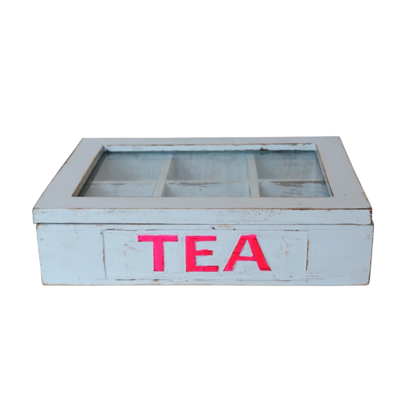 Houten Theedoos wit TEA pink zesvaks