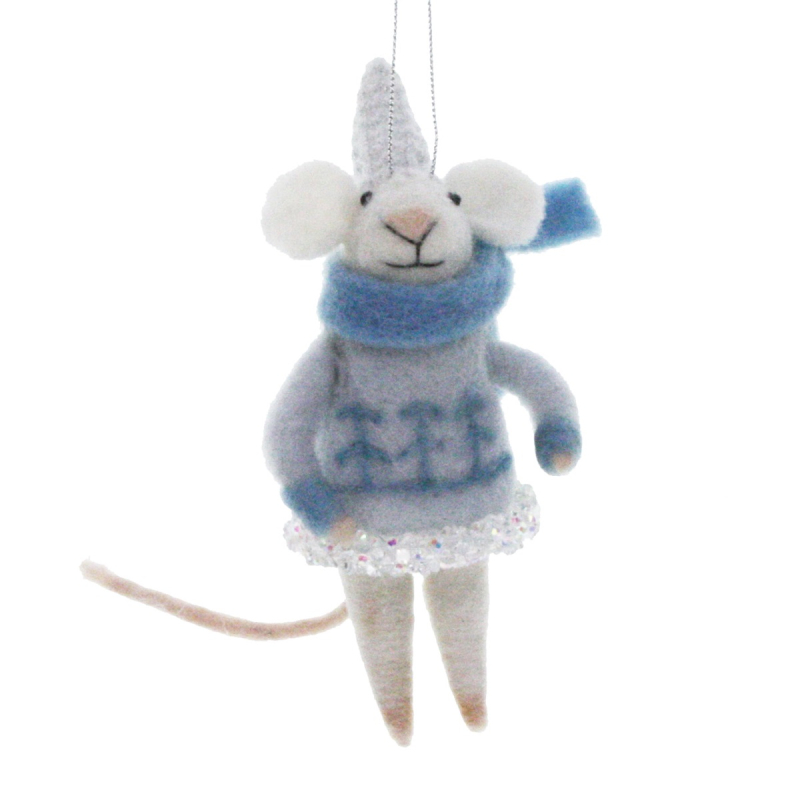 Muis wit aan het breien vilt 5,5x10x13cm