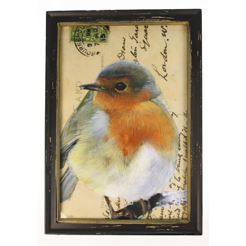 Lijstje hout zwart Roodborstje kijkt naar links, 34x23,5cm