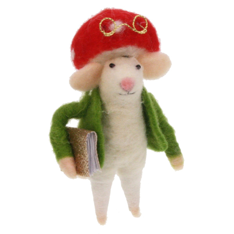 Muis met paddenstoel hoed en goud boek vilt 9x8x14cm