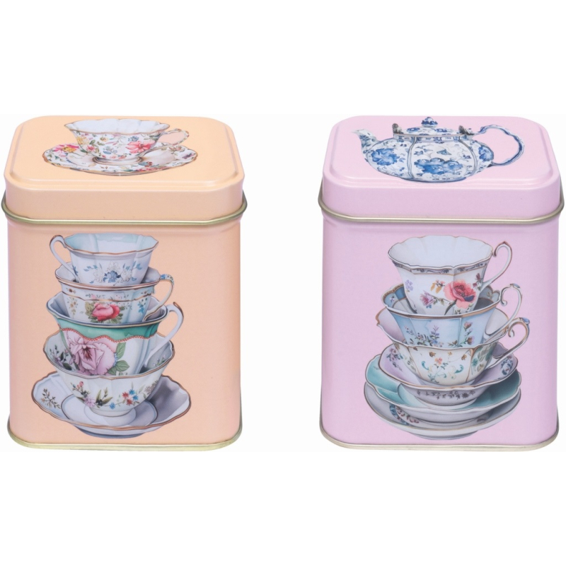 Blikje Theekopjes/theepot vintage 2ass. 7,5x7,5x9,5cm