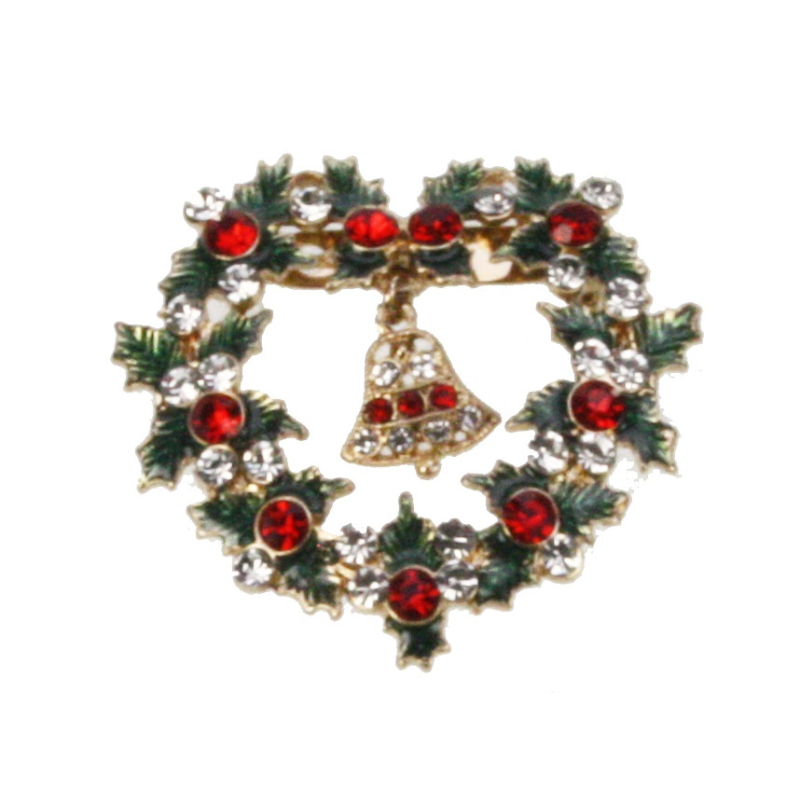 Broche Kerstkrans hart met hangend bel 4,5x1x5cm