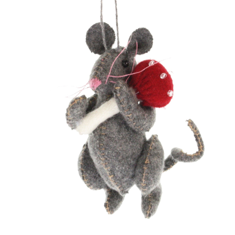 Muis grijs met paddestoel, vilt 10cm