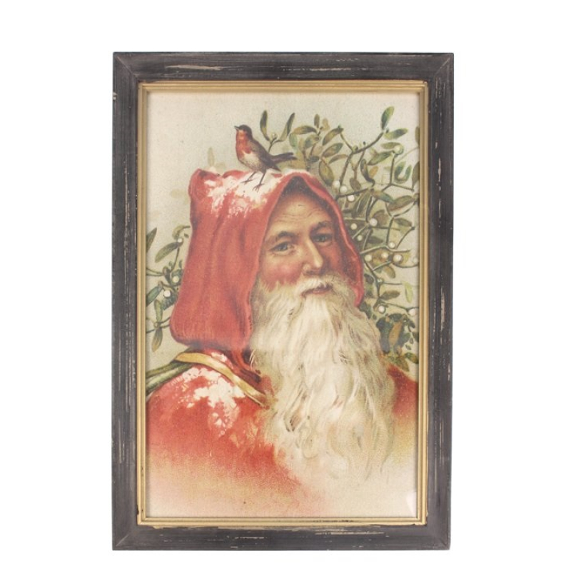 Lijstje hout Kerstman met roodborstje, 33x23cm