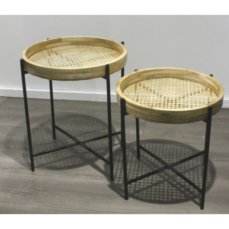 Bijzettafel metaal/riet/glasplaat S/2 Ø41,5x42