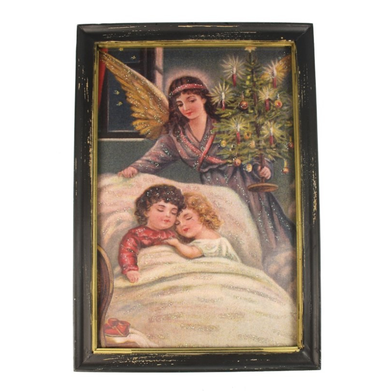 Lijstje hout zwart Slapend kinderen met engel, 34x23,5cm