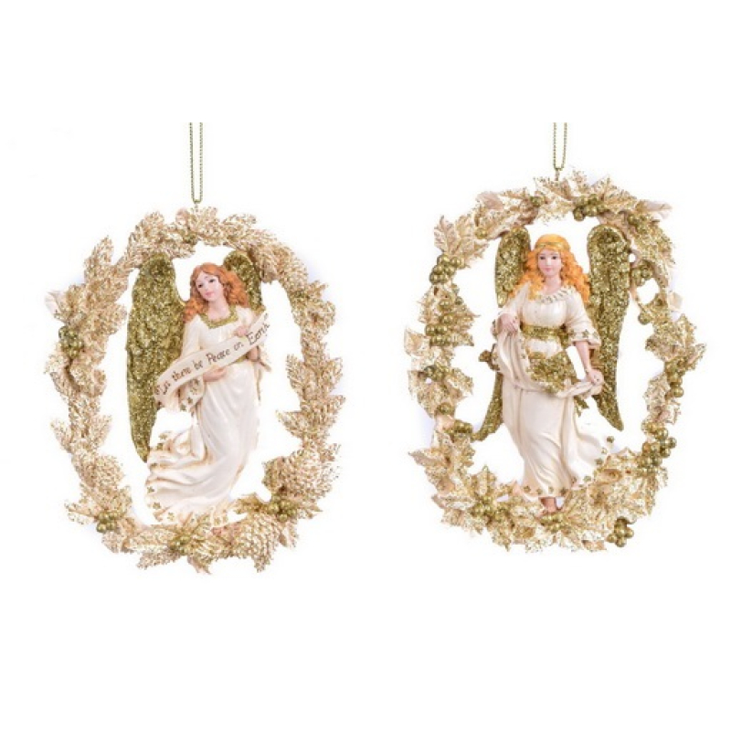Ornament Engelen in kerstkrans wit/goud 2ass 10,5x0,8x13,5cm