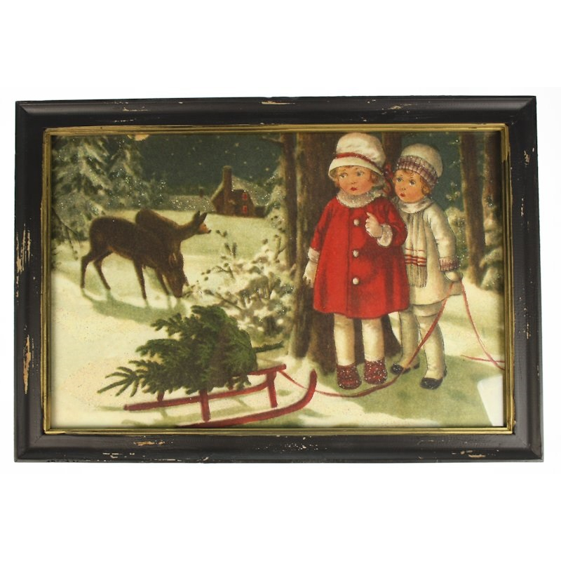 Lijstje hout zwart Meisjes met slee en herten, 34x23,5cm 