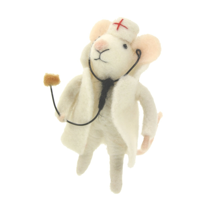 Muis arts met stethoscoop vilt 8,5x9x12,5cm